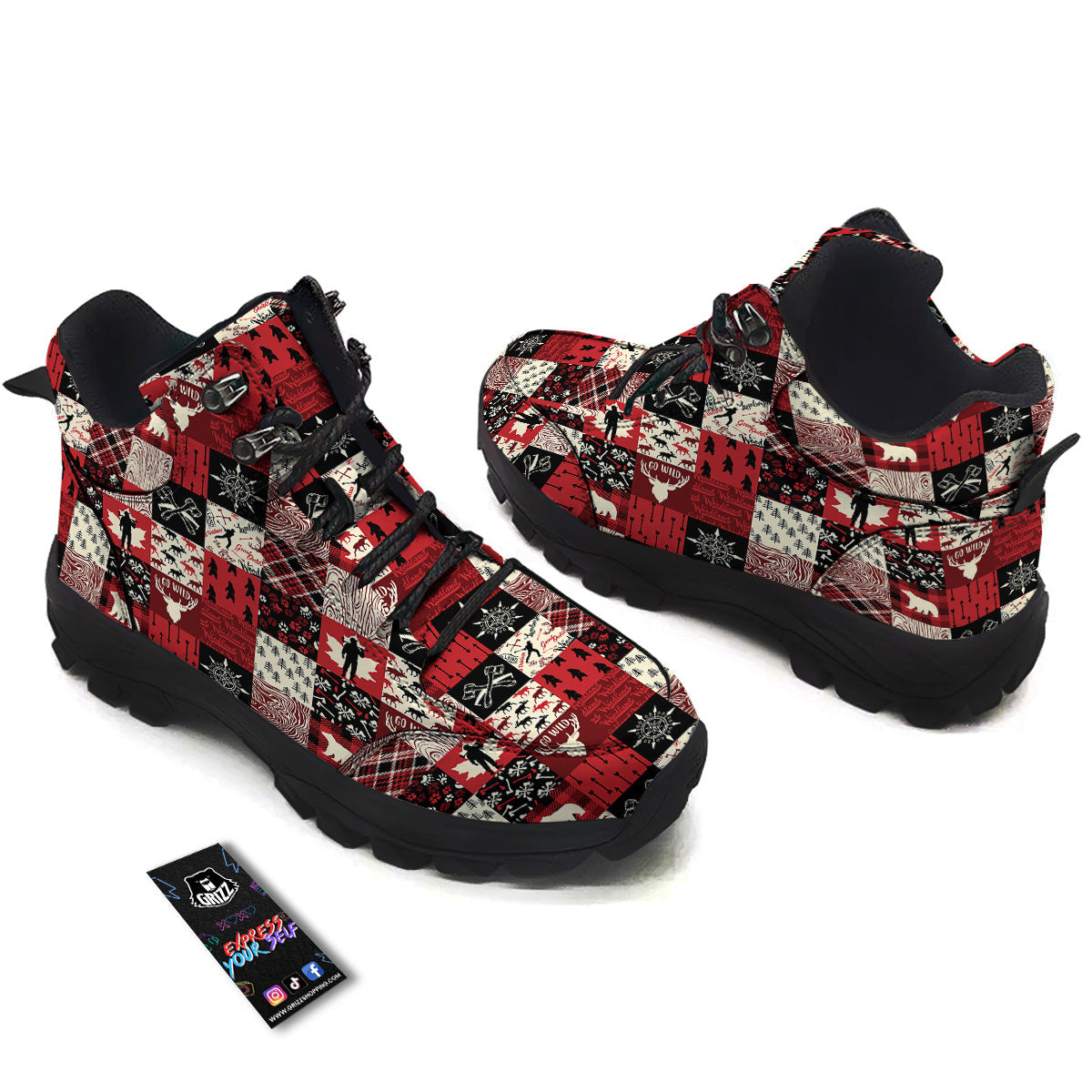 Wildlife Red Plaid Print Pattern Hiking Shoes-grizzshop