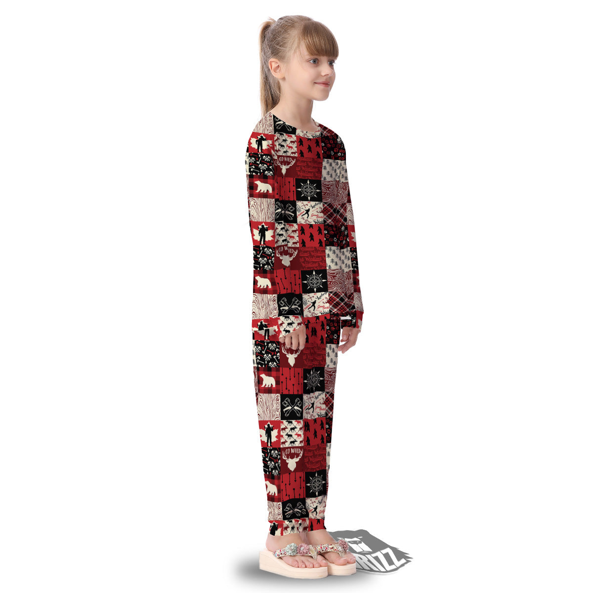 Wildlife Red Plaid Print Pattern Kid's Pajamas-grizzshop