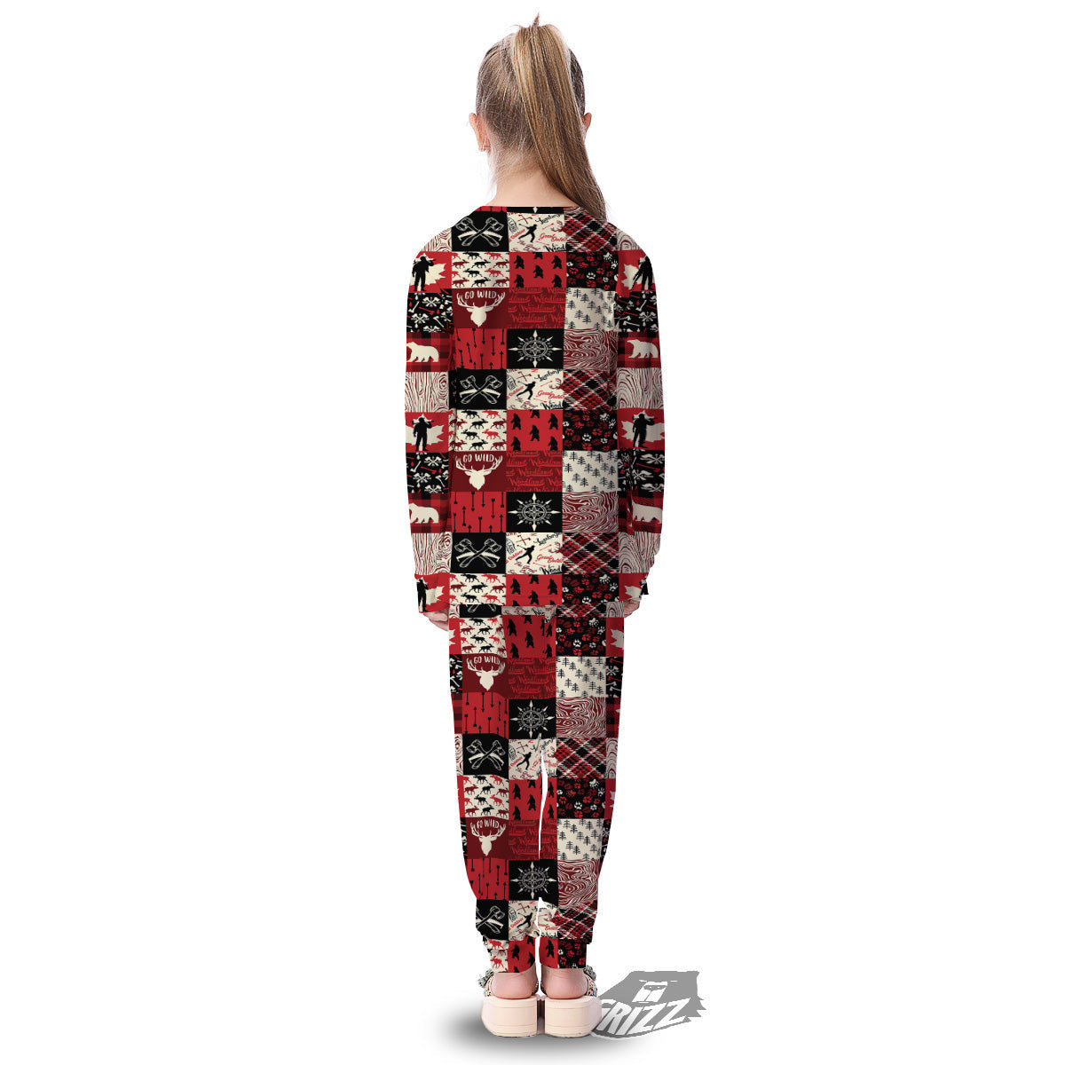 Wildlife Red Plaid Print Pattern Kid's Pajamas-grizzshop