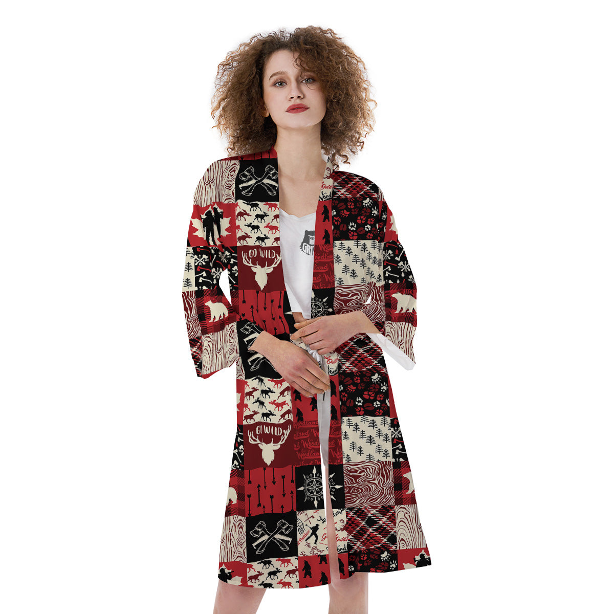 Wildlife Red Plaid Print Pattern Kimono-grizzshop