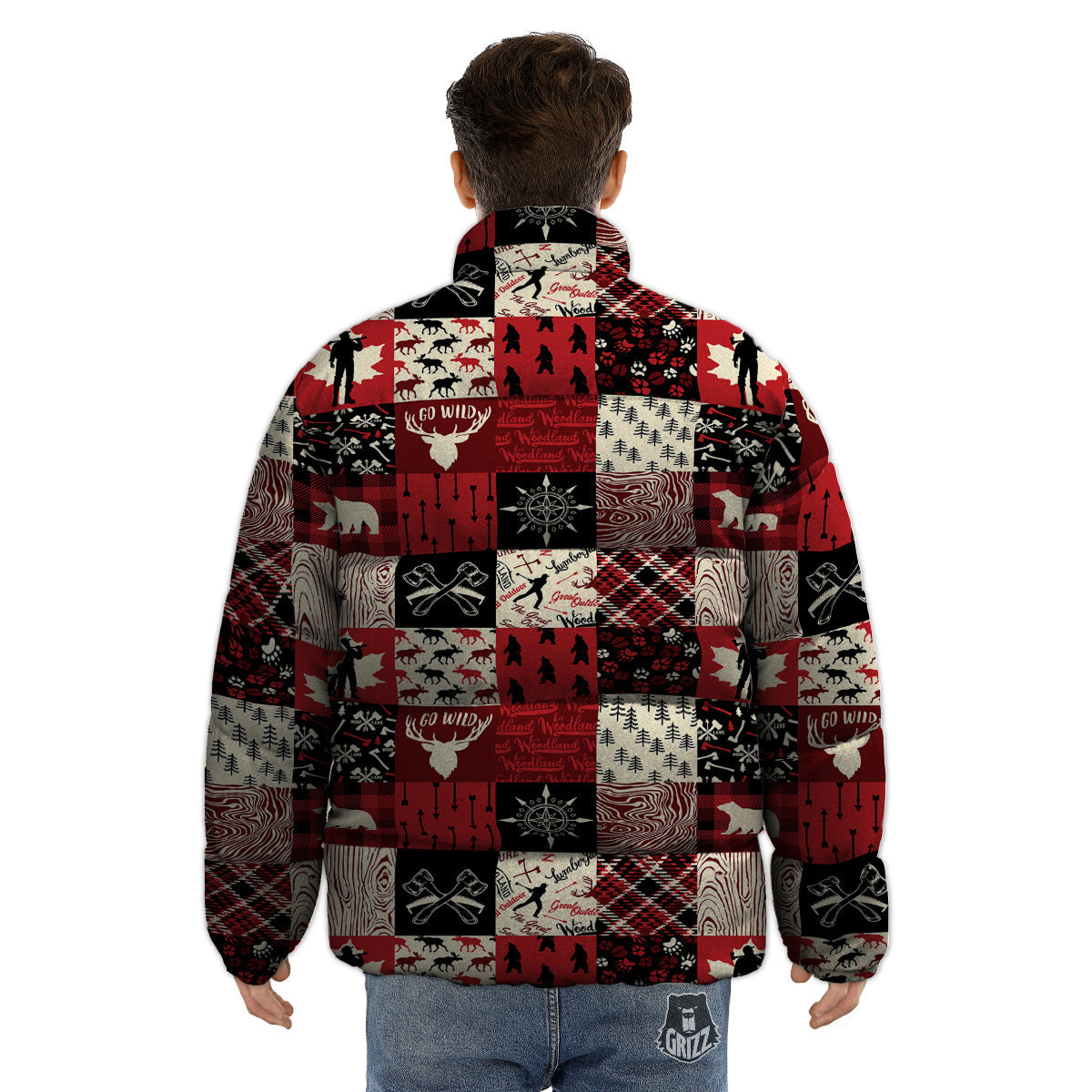 Wildlife Red Plaid Print Pattern Puffer Jacket-grizzshop