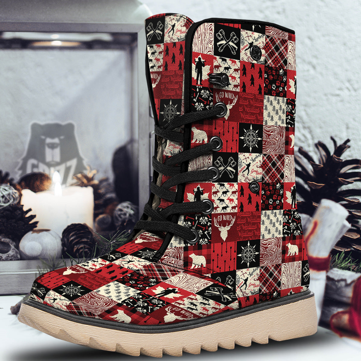 Wildlife Red Plaid Print Pattern Snow Boots-grizzshop