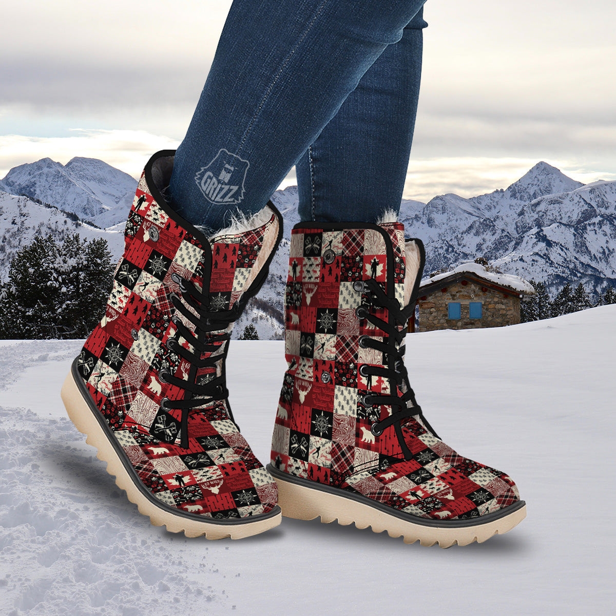 Wildlife Red Plaid Print Pattern Snow Boots-grizzshop