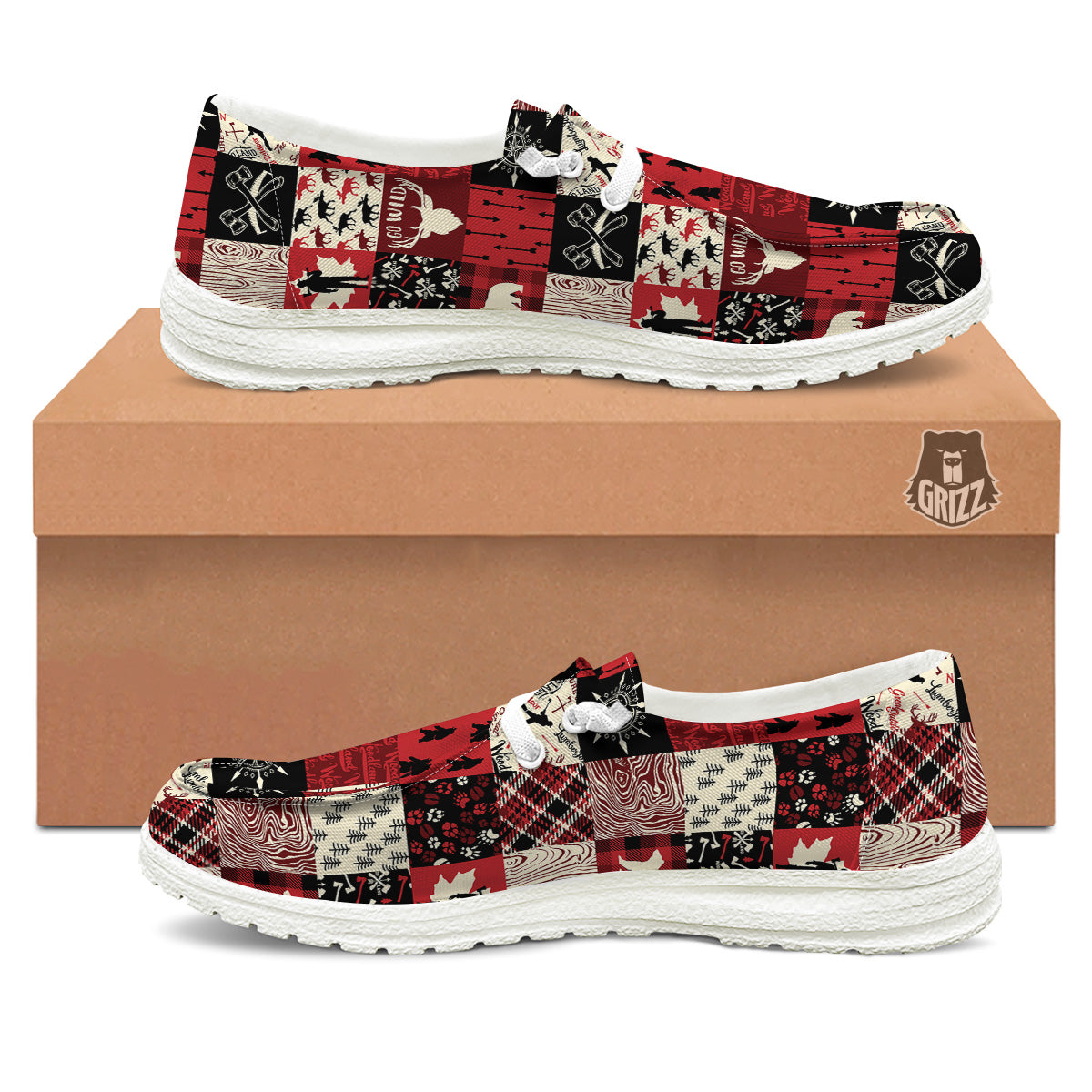 Wildlife Red Plaid Print Pattern White Loafers-grizzshop