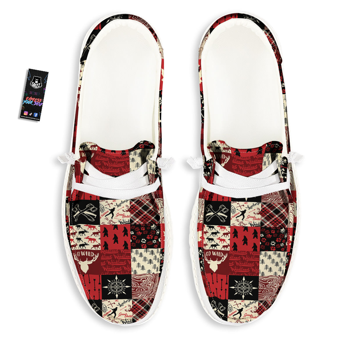 Wildlife Red Plaid Print Pattern White Loafers-grizzshop