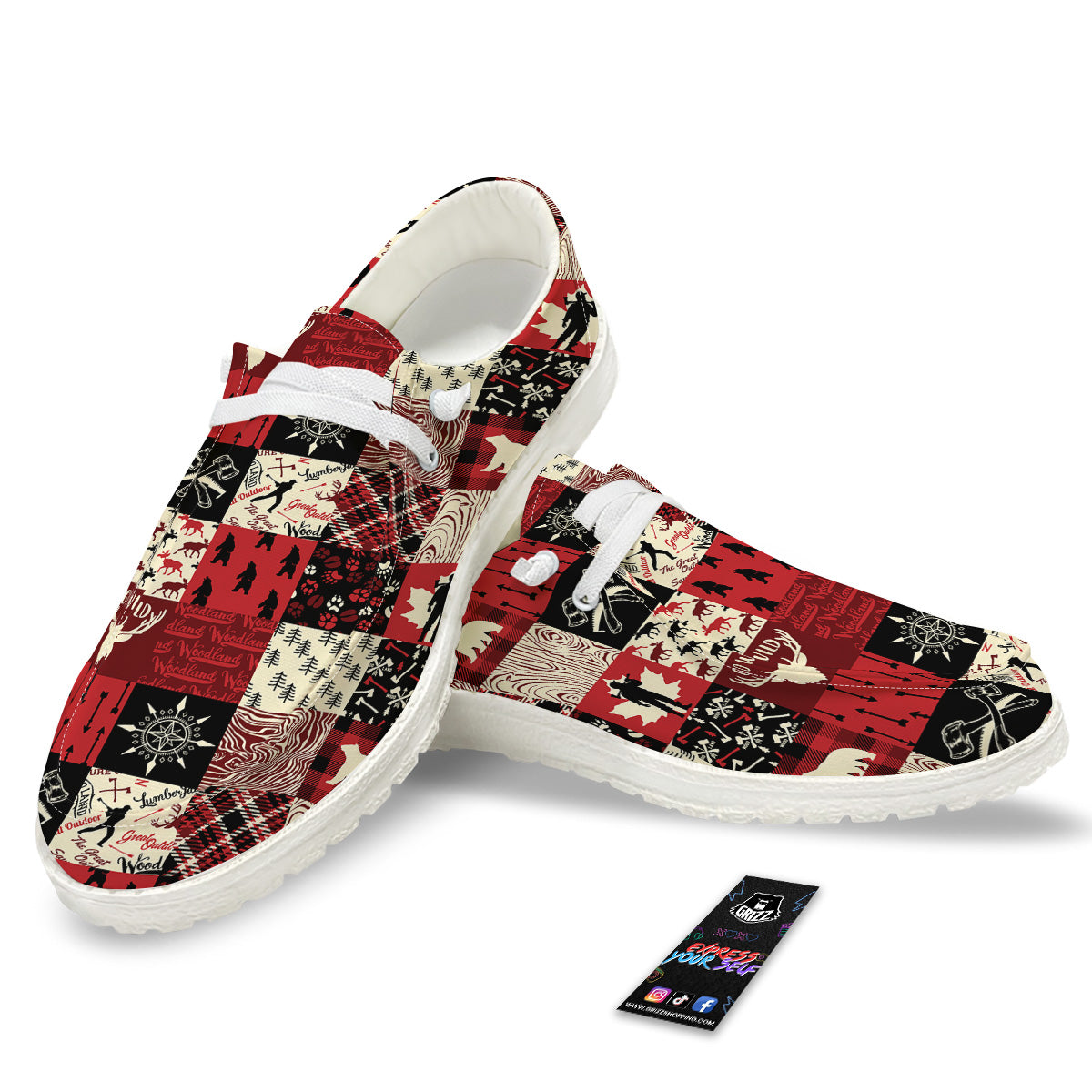 Wildlife Red Plaid Print Pattern White Loafers-grizzshop