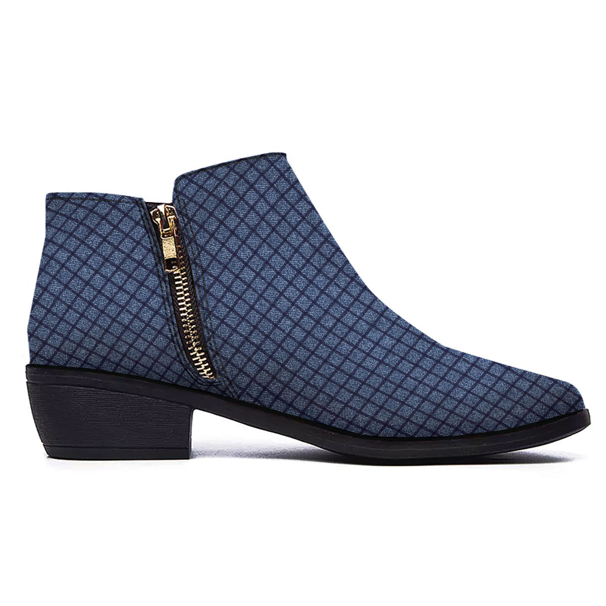 Windowpane Denim Print Pattern Ankle Boots-grizzshop