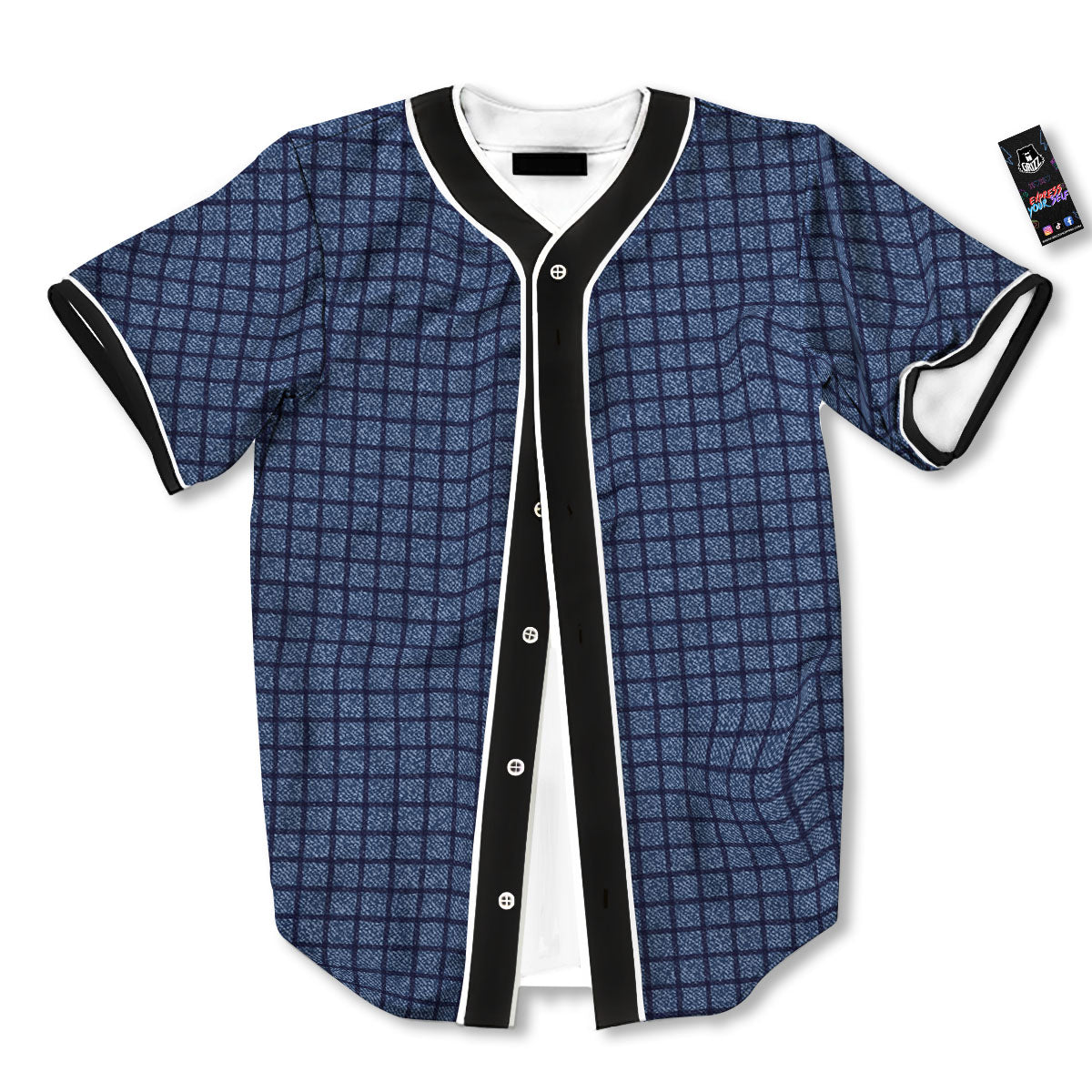 Windowpane Denim Print Pattern Baseball Jersey-grizzshop