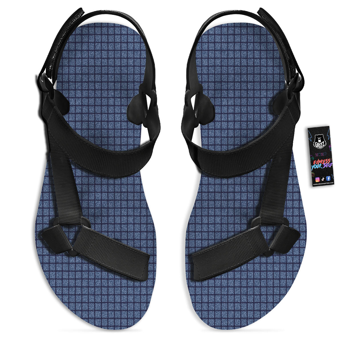 Windowpane Denim Print Pattern Black Open Toe Sandals-grizzshop