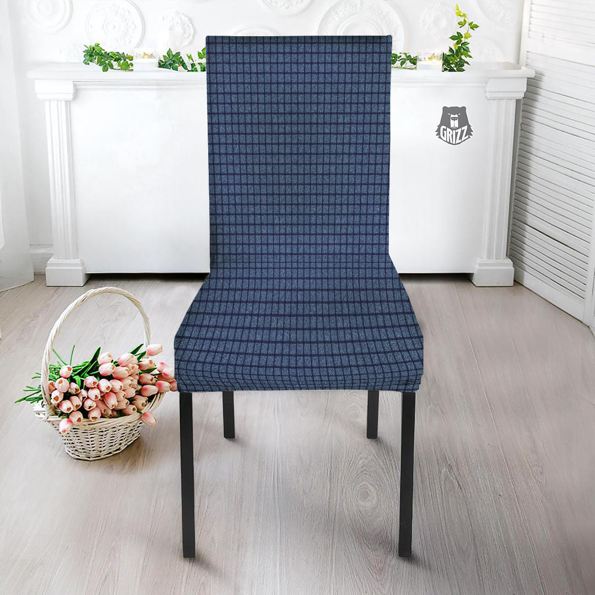 Windowpane Denim Print Pattern Dining Chair Slipcover-grizzshop