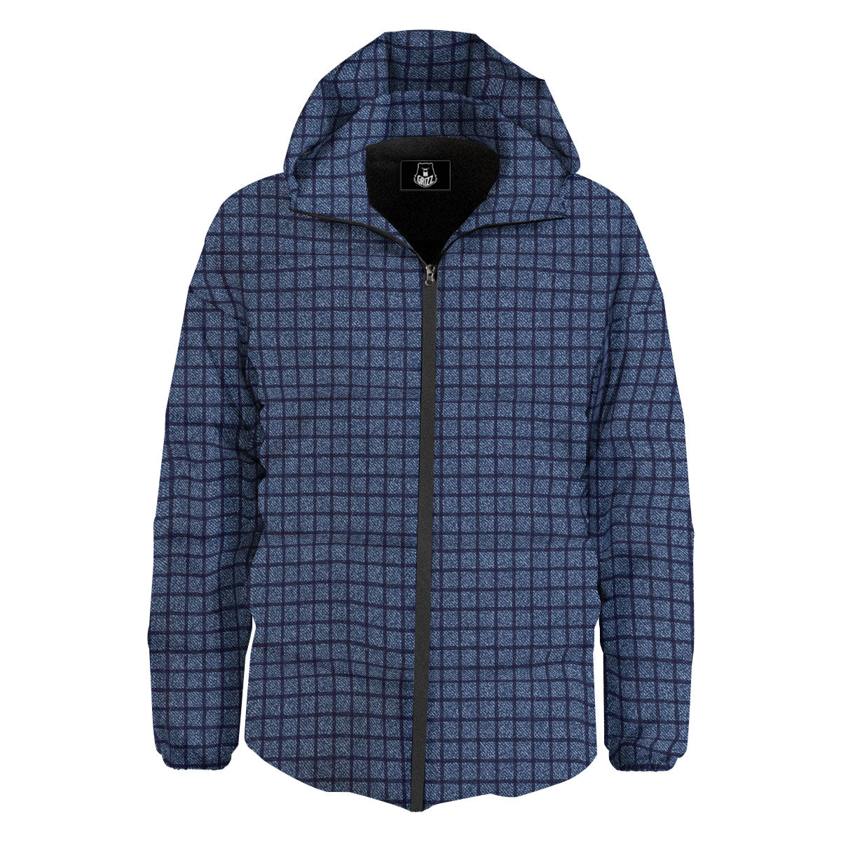 Windowpane Denim Print Pattern Down Jacket-grizzshop