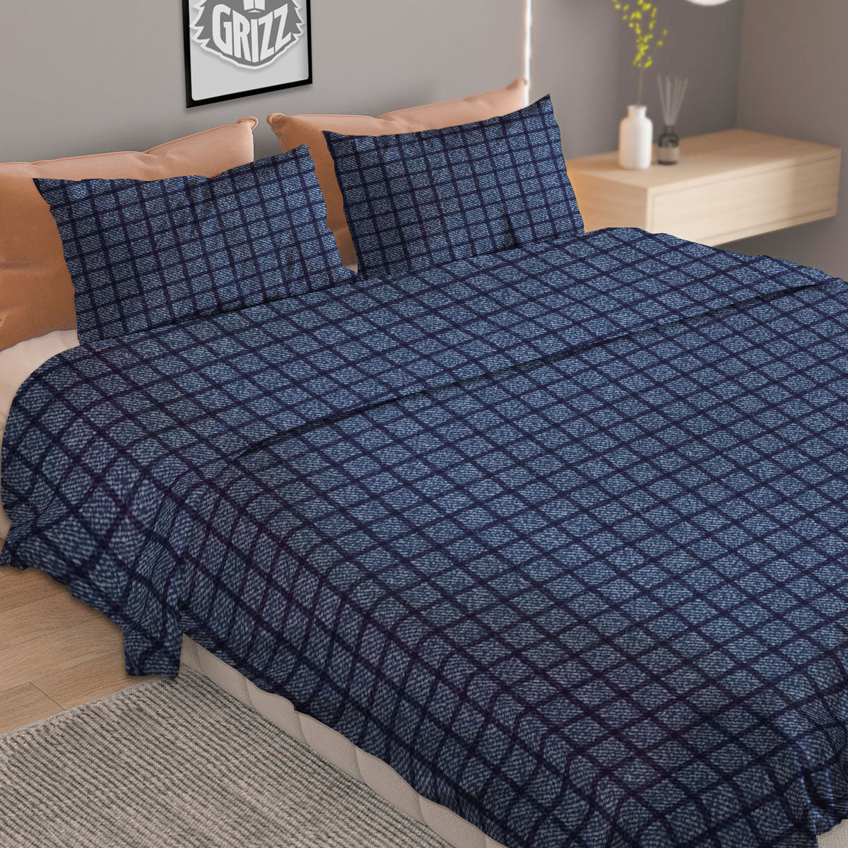 Windowpane Denim Print Pattern Duvet Cover Bedding Set