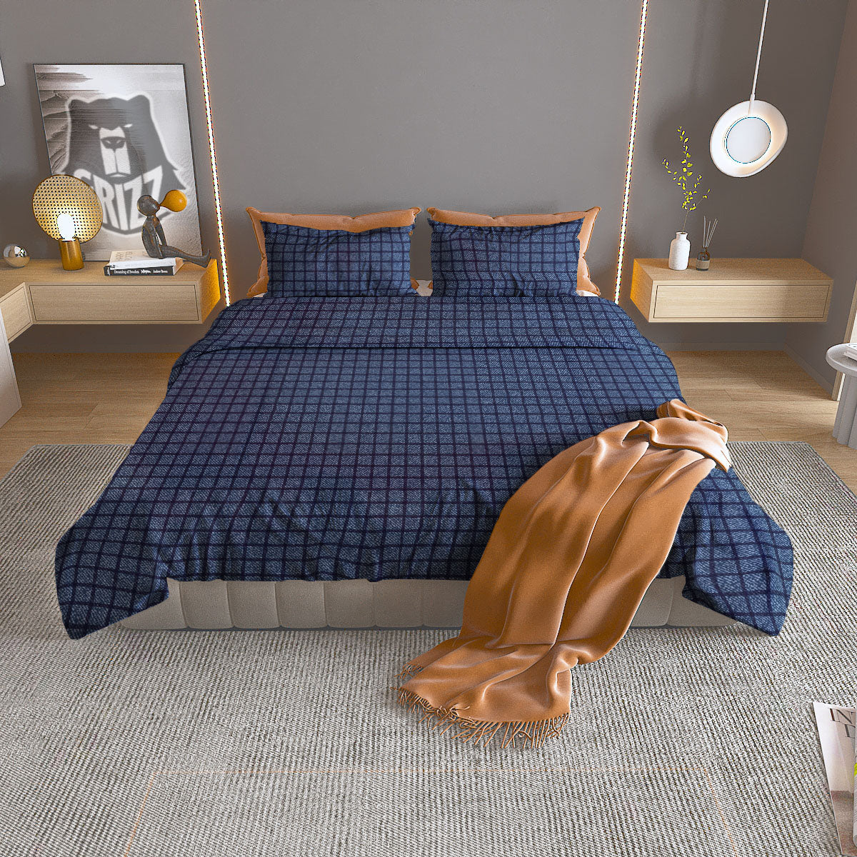 Windowpane Denim Print Pattern Duvet Cover Bedding Set