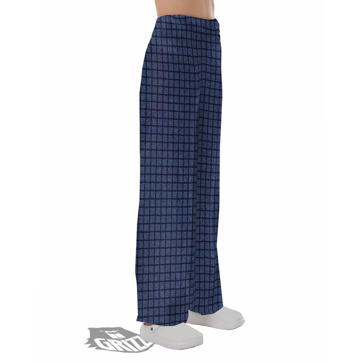Windowpane Denim Print Pattern Pajama Pants-grizzshop