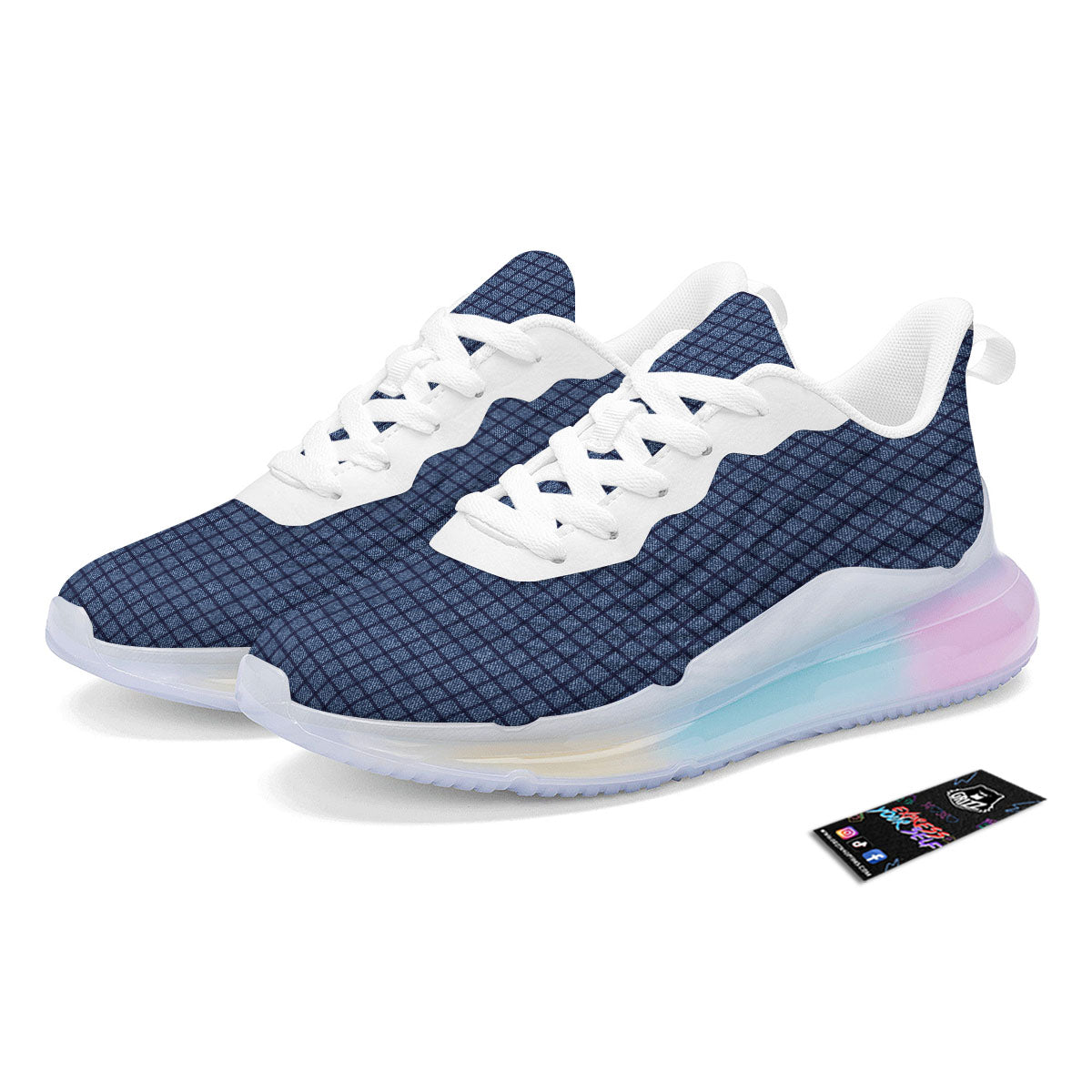 Windowpane Denim Print Pattern Running Sneakers-grizzshop