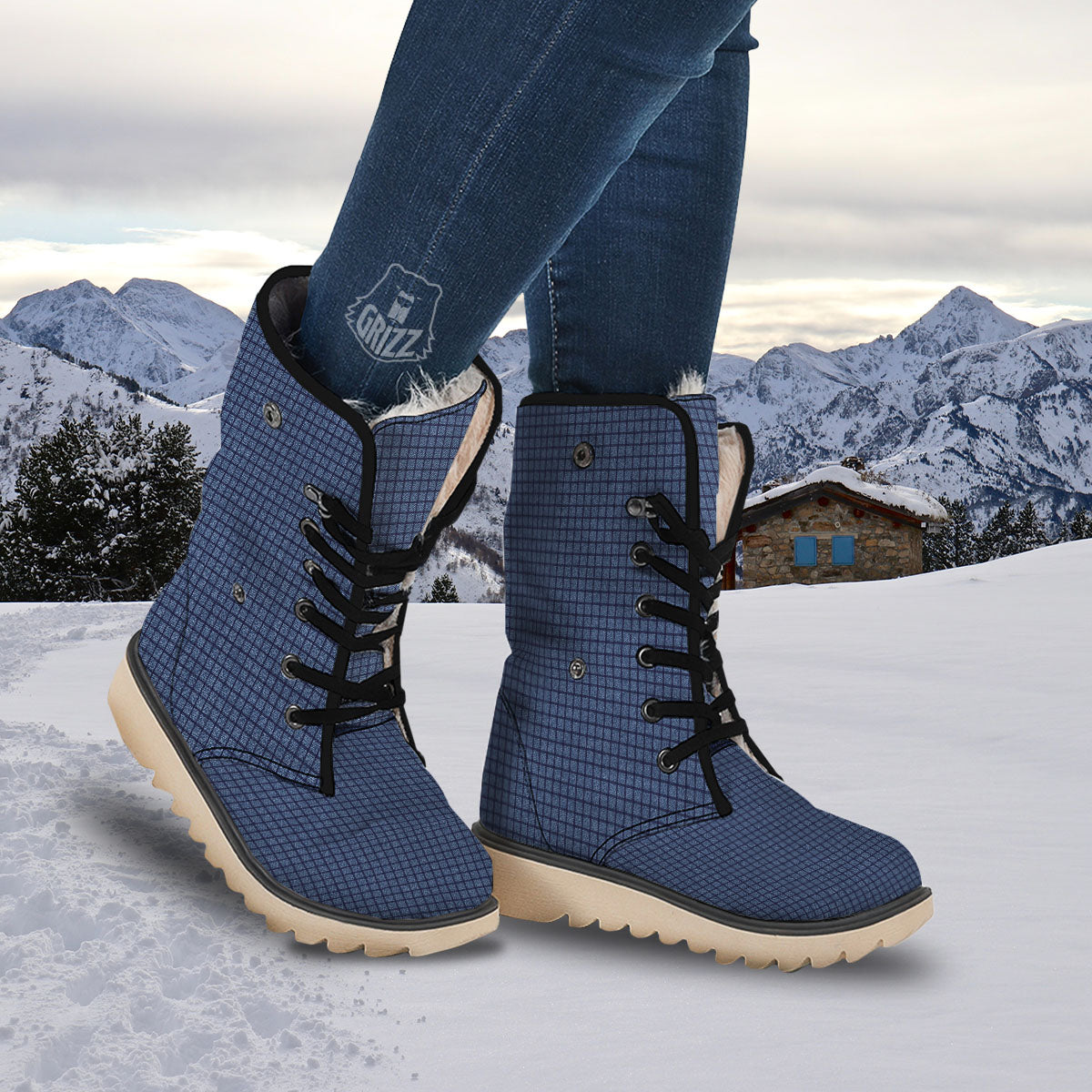 Windowpane Denim Print Pattern Snow Boots-grizzshop