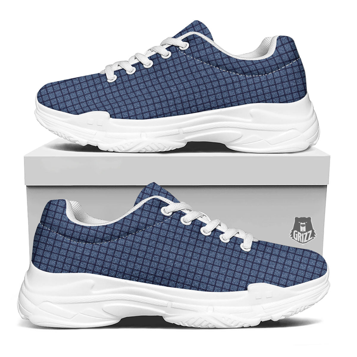 Windowpane Denim Print Pattern White Chunky Shoes-grizzshop