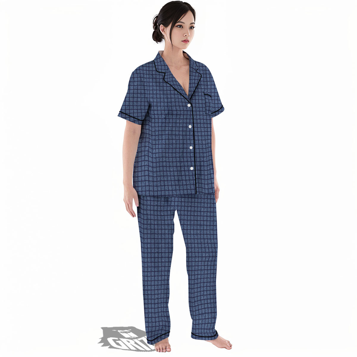 Windowpane Denim Print Pattern Women's Pajamas Set-grizzshop