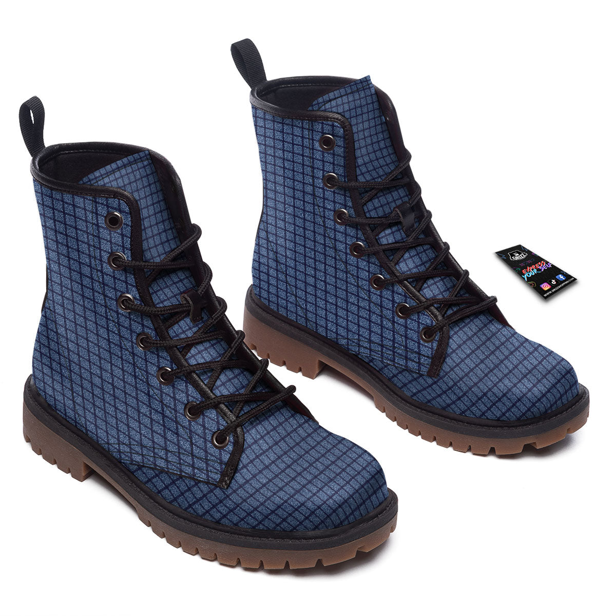 Windowpane Denim Print Pattern Work Boots-grizzshop