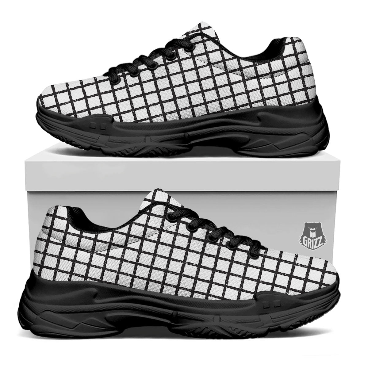 Windowpane Doodle Print Pattern Black Chunky Shoes-grizzshop