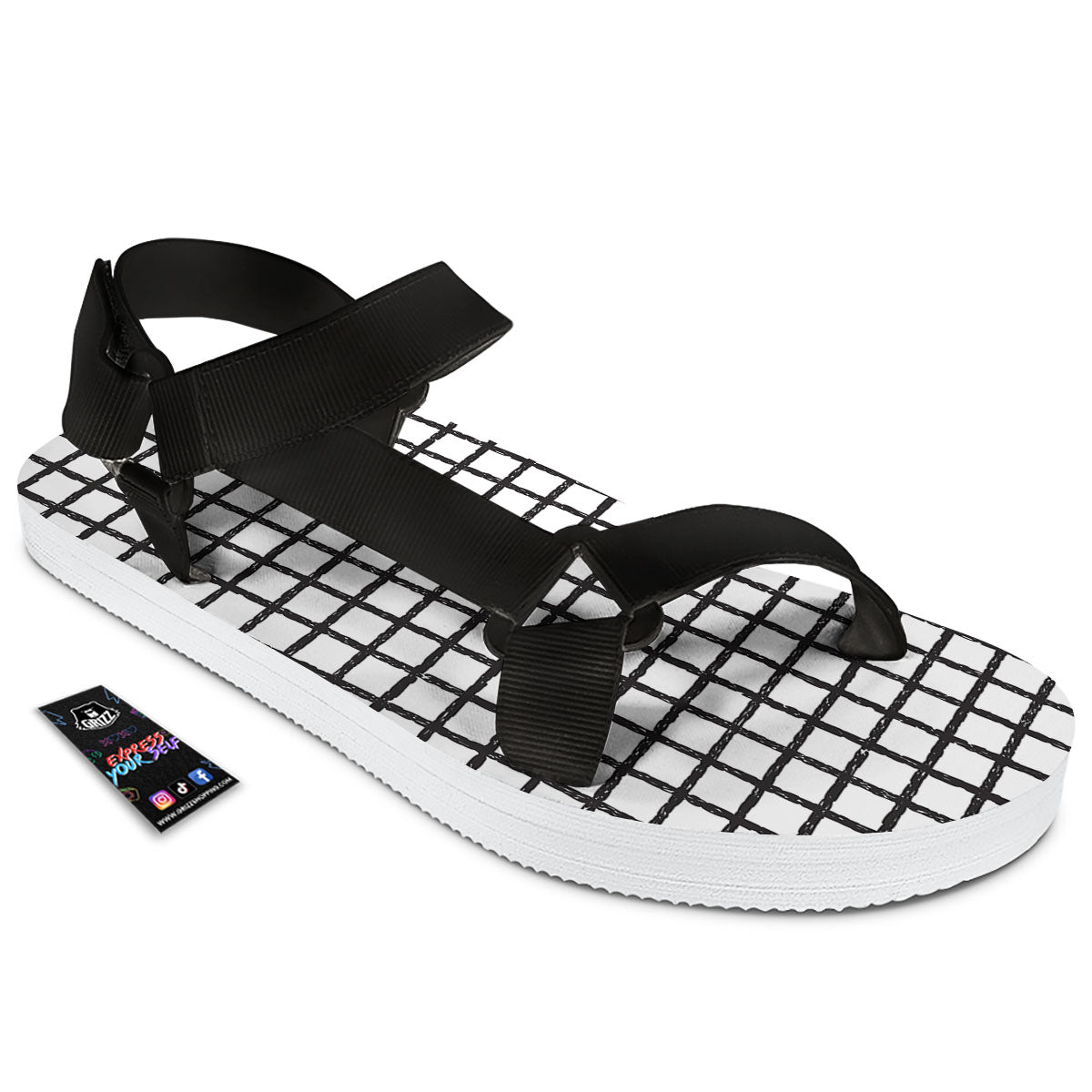 Windowpane Doodle Print Pattern Black Open Toe Sandals-grizzshop