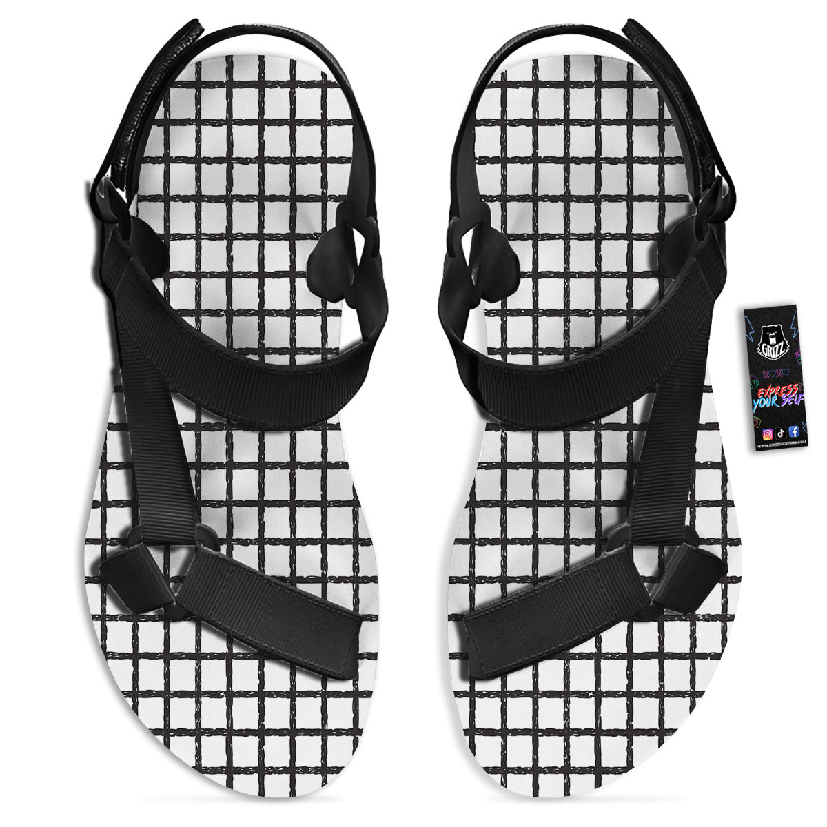 Windowpane Doodle Print Pattern Black Open Toe Sandals-grizzshop