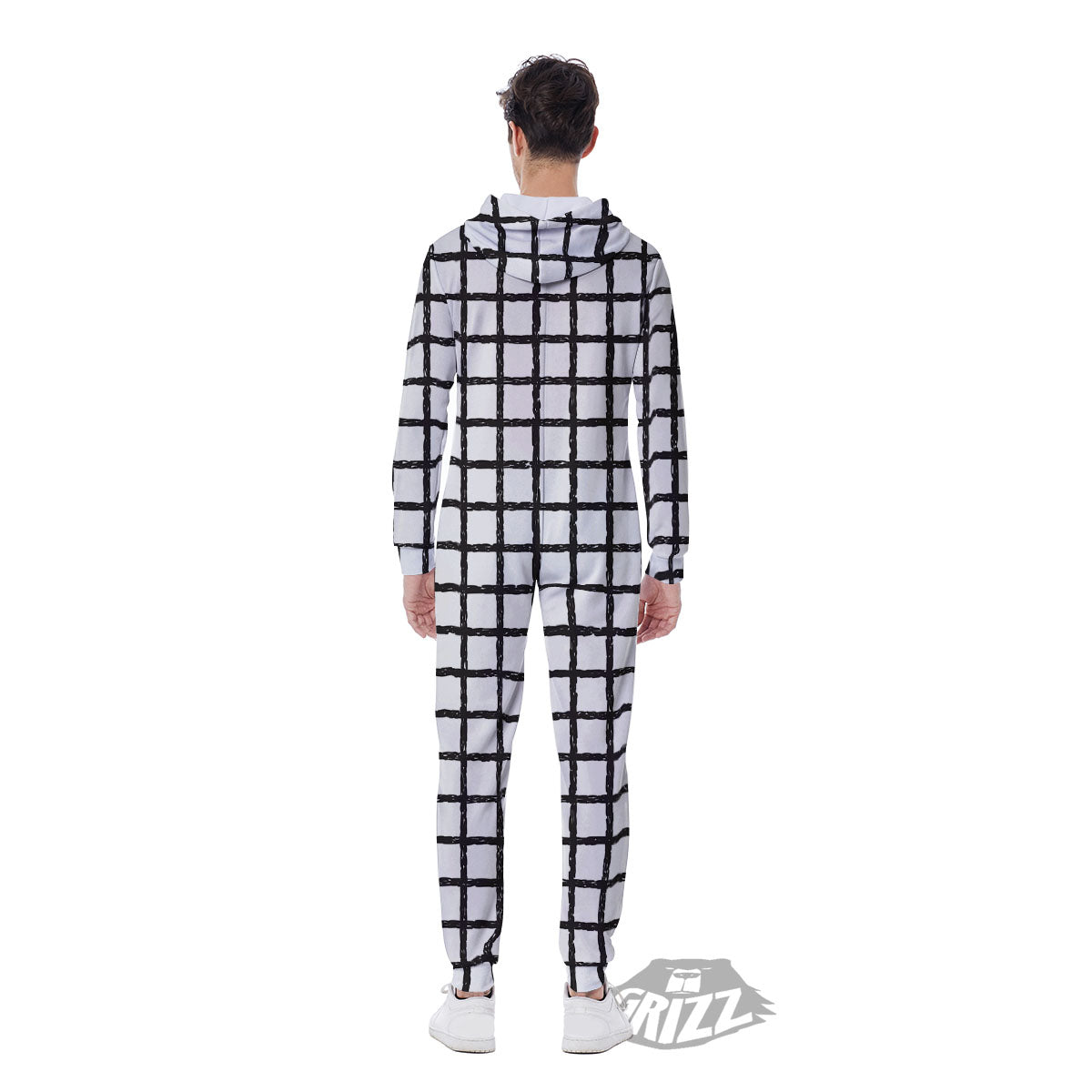 Windowpane Doodle Print Pattern Men's Jumpsuit-grizzshop