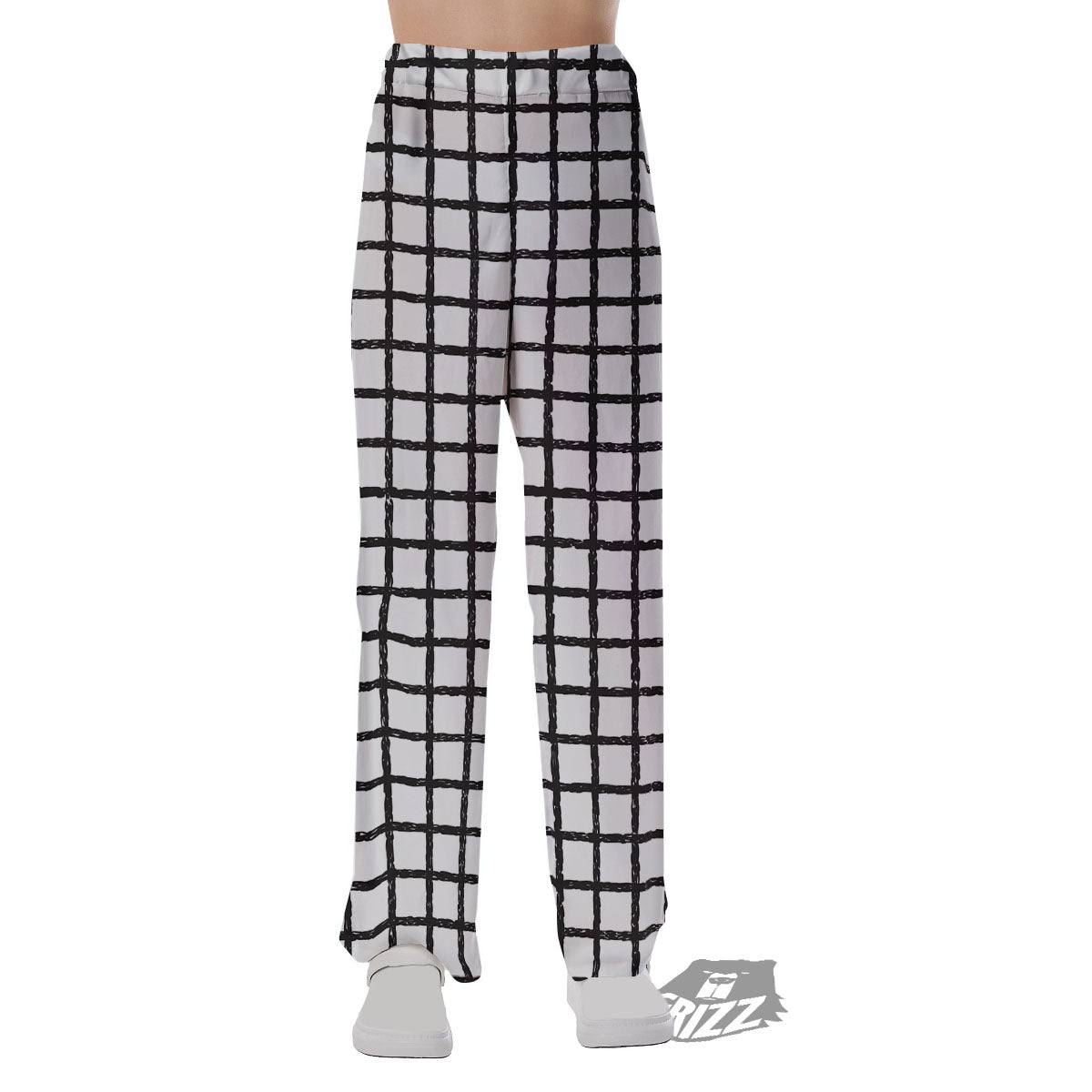 Windowpane Doodle Print Pattern Pajama Pants-grizzshop