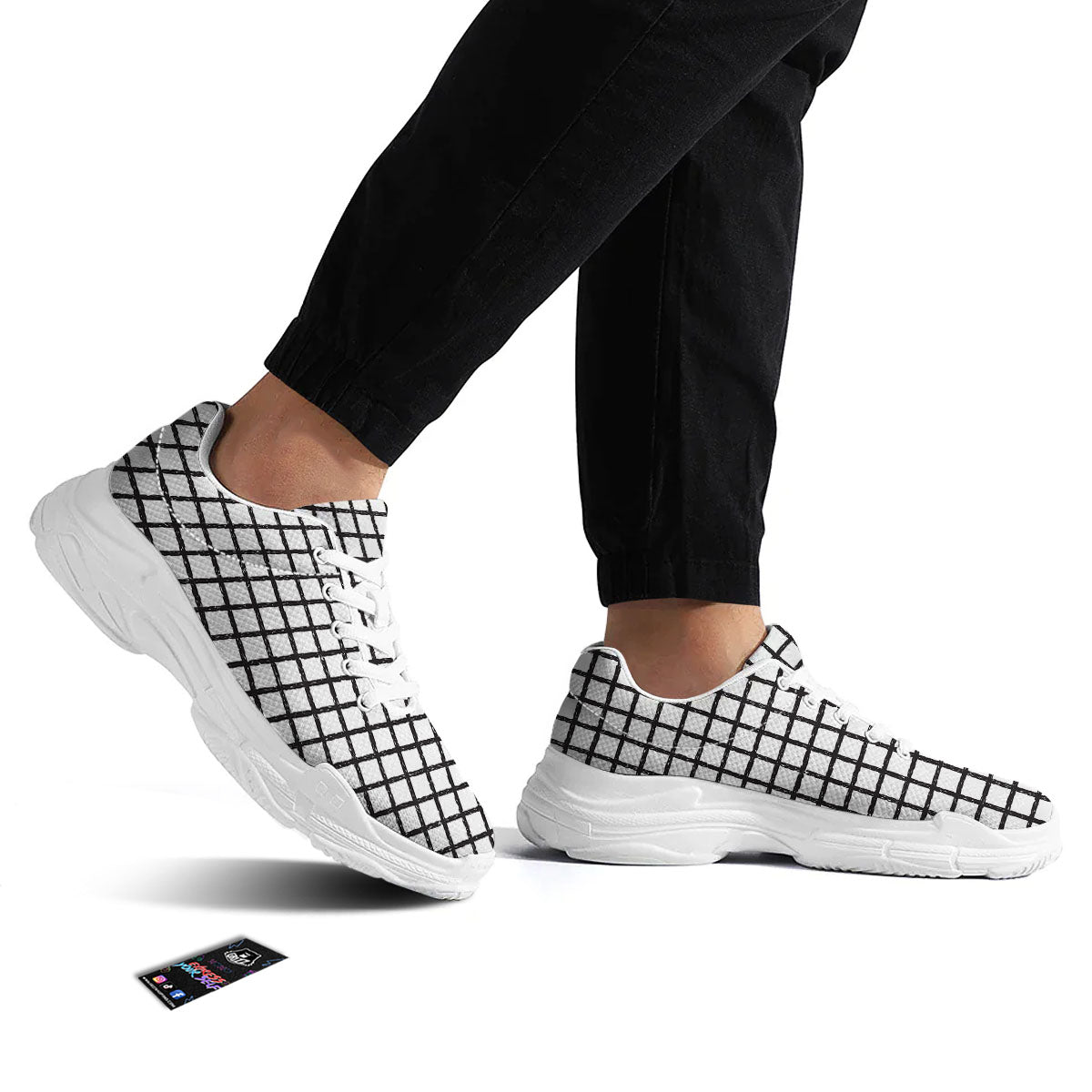 Windowpane Doodle Print Pattern White Chunky Shoes-grizzshop