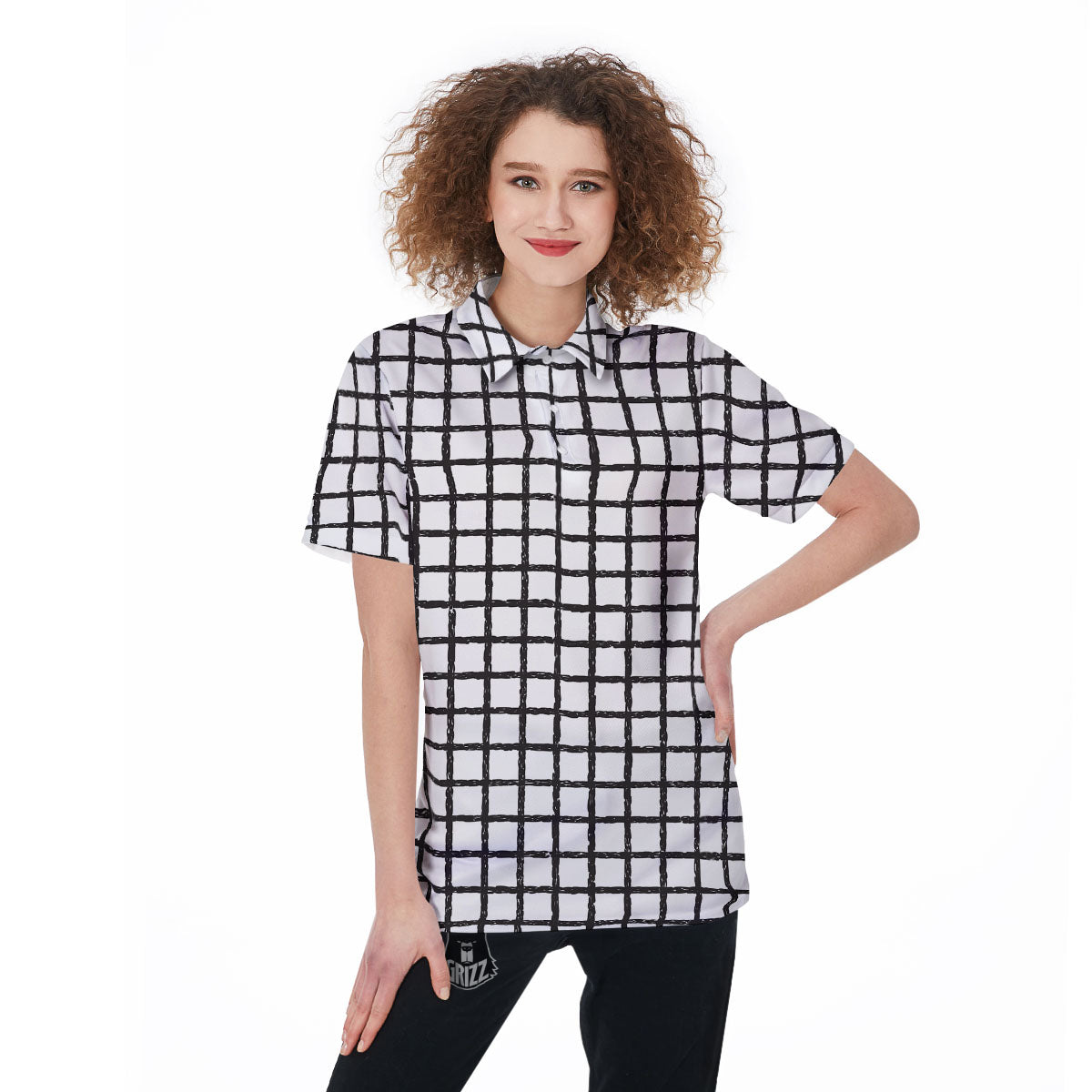 Windowpane Doodle Print Pattern Women's Golf Shirts-grizzshop