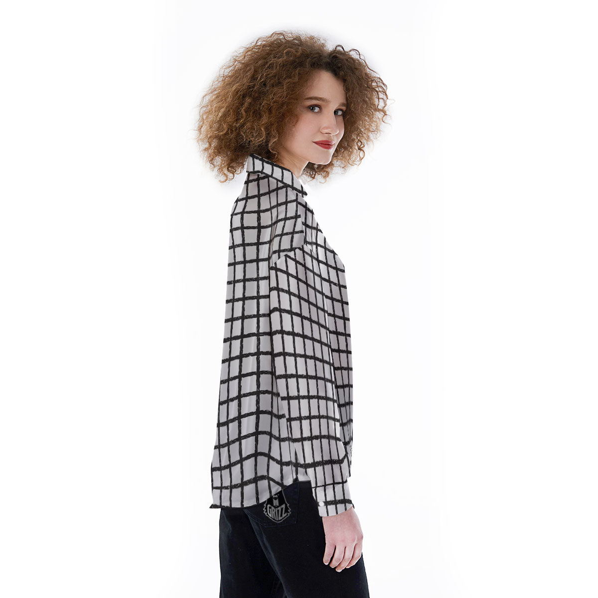 Windowpane Doodle Print Pattern Women's Long Sleeve Shirts-grizzshop