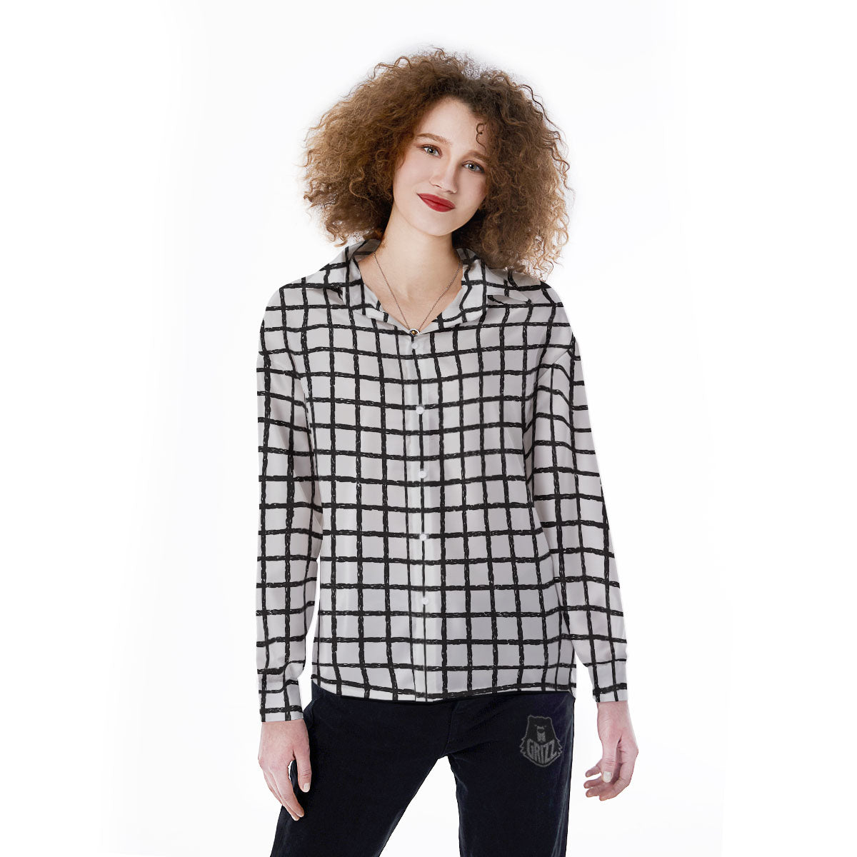 Windowpane Doodle Print Pattern Women's Long Sleeve Shirts-grizzshop