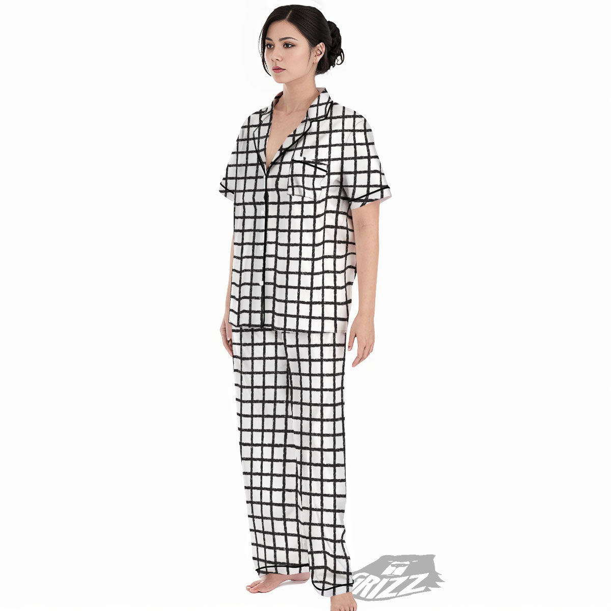 Windowpane Doodle Print Pattern Women's Pajamas Set-grizzshop