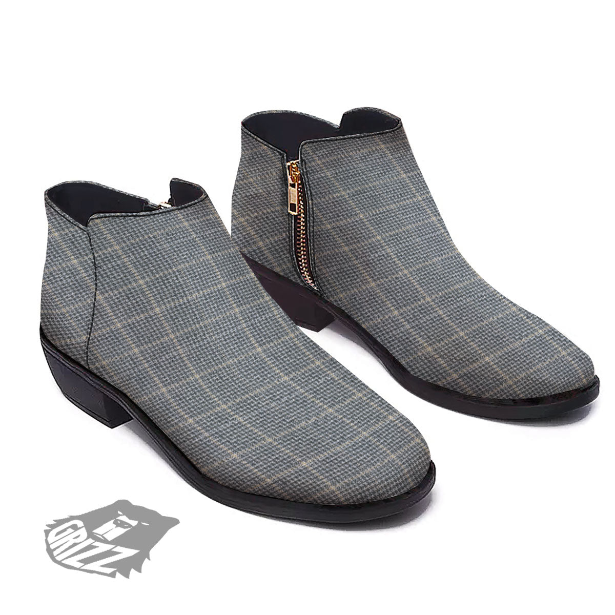 Windowpane Grey Print Pattern Ankle Boots-grizzshop