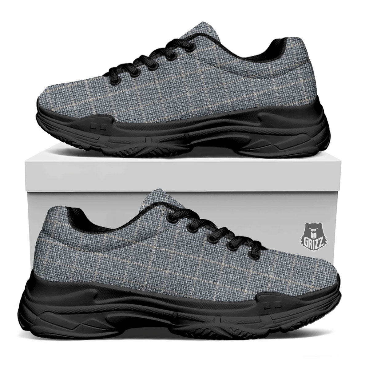 Windowpane Grey Print Pattern Black Chunky Shoes-grizzshop