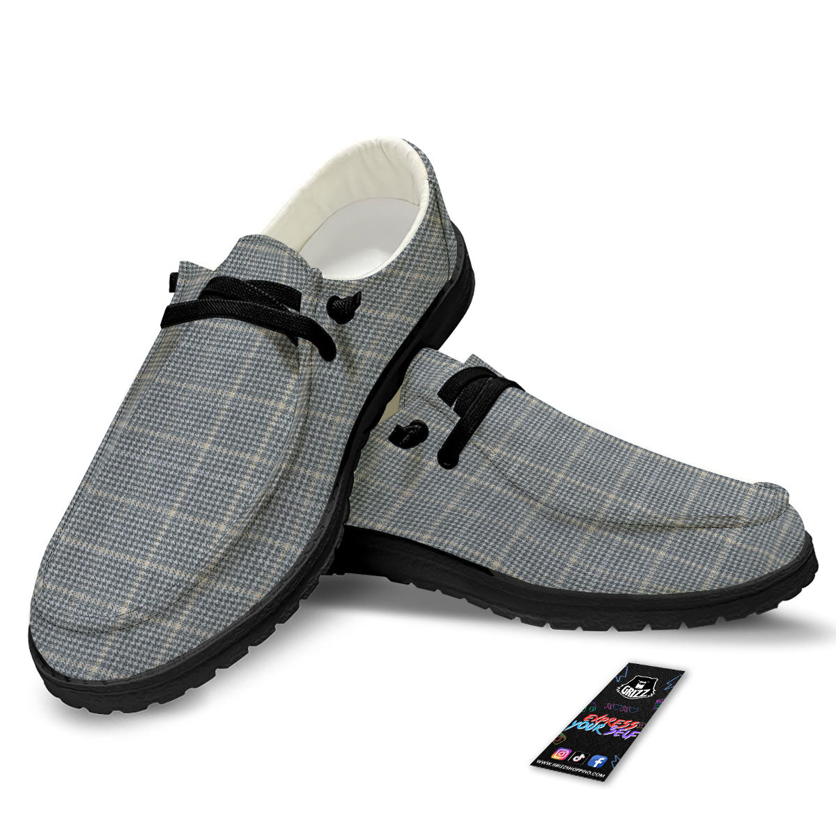 Windowpane Grey Print Pattern Black Loafers-grizzshop