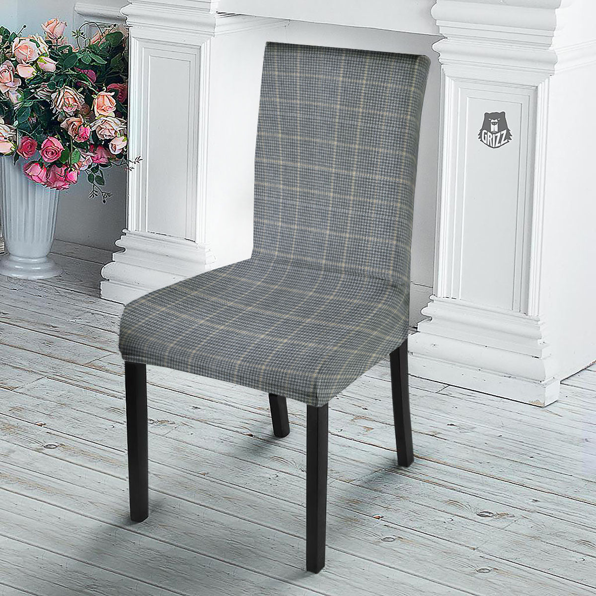 Windowpane Grey Print Pattern Dining Chair Slipcover-grizzshop