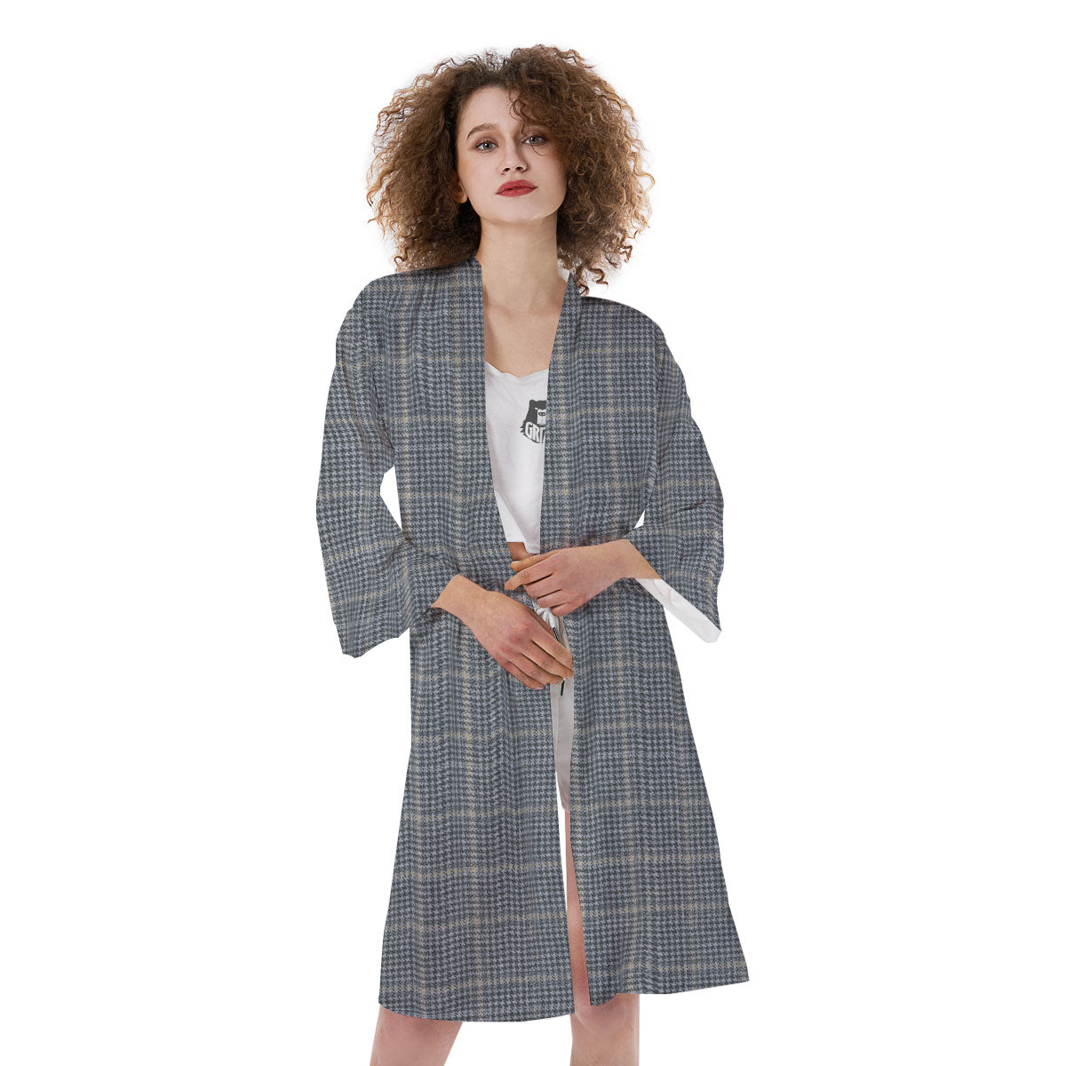 Windowpane Grey Print Pattern Kimono-grizzshop