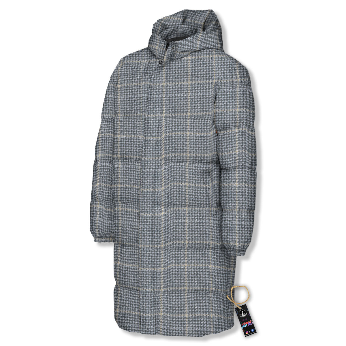 Windowpane Grey Print Pattern Long Down Jacket-grizzshop
