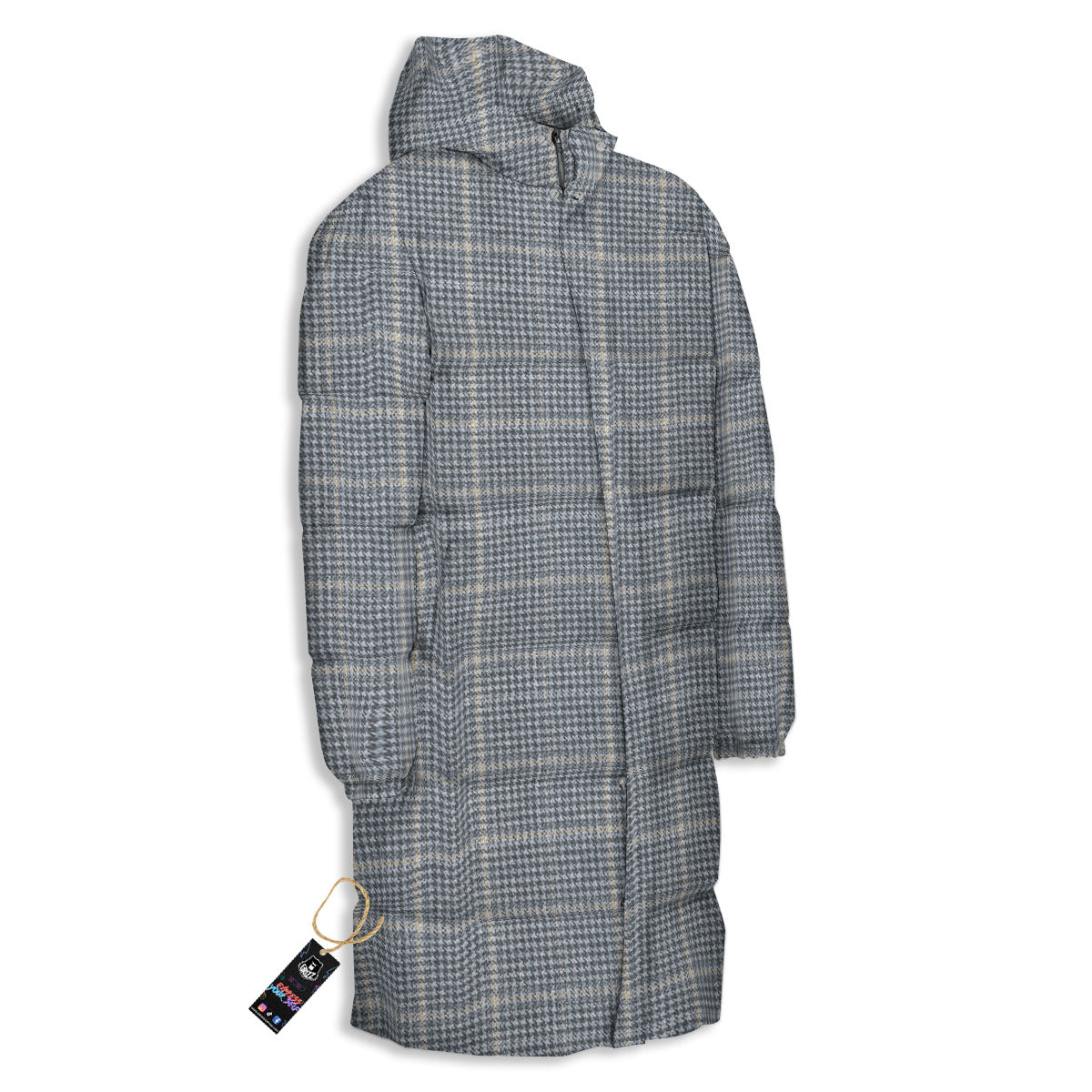 Windowpane Grey Print Pattern Long Down Jacket-grizzshop