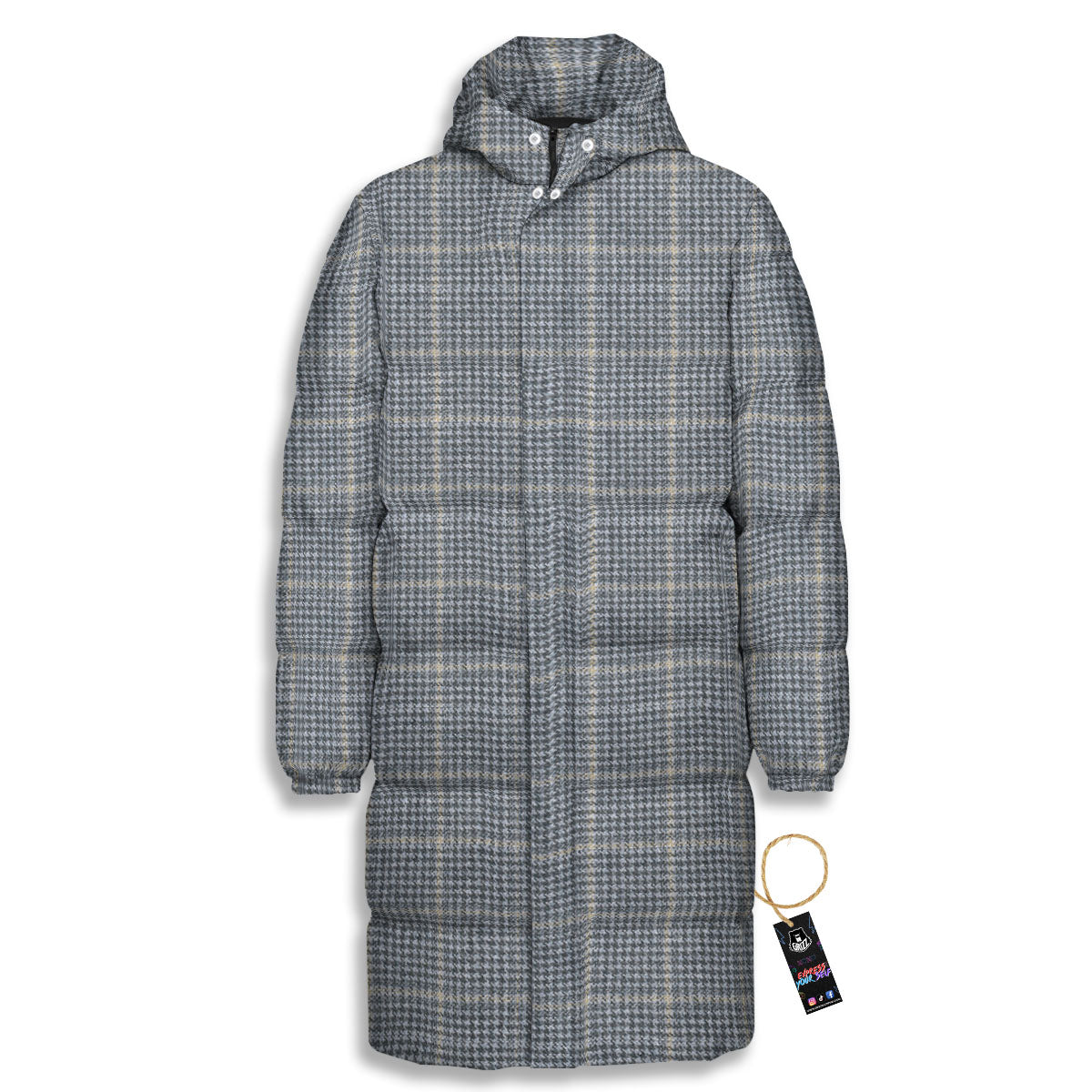 Windowpane Grey Print Pattern Long Down Jacket-grizzshop
