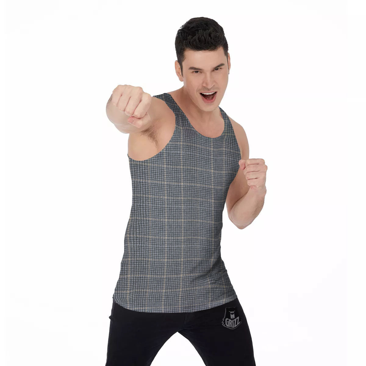Windowpane Grey Print Pattern Men's Tank Top-grizzshop