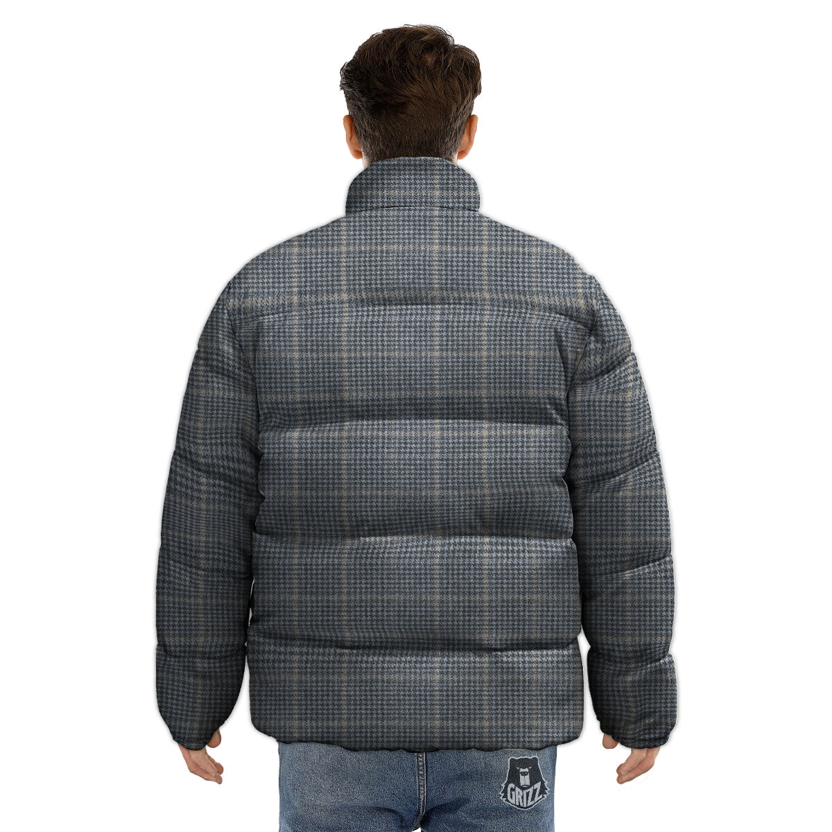 Windowpane Grey Print Pattern Puffer Jacket-grizzshop