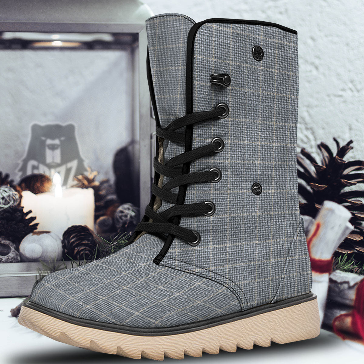 Windowpane Grey Print Pattern Snow Boots-grizzshop