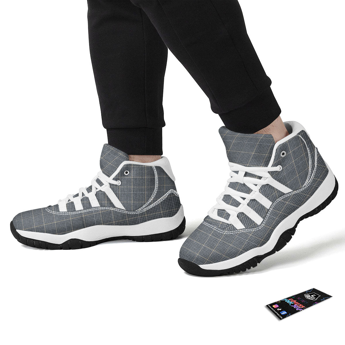 Windowpane Grey Print Pattern White Bball Shoes-grizzshop