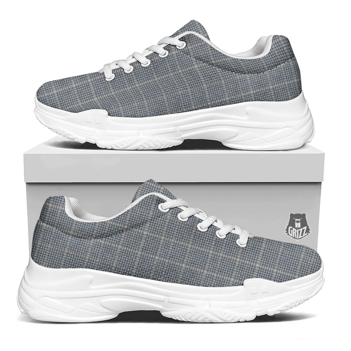 Windowpane Grey Print Pattern White Chunky Shoes-grizzshop