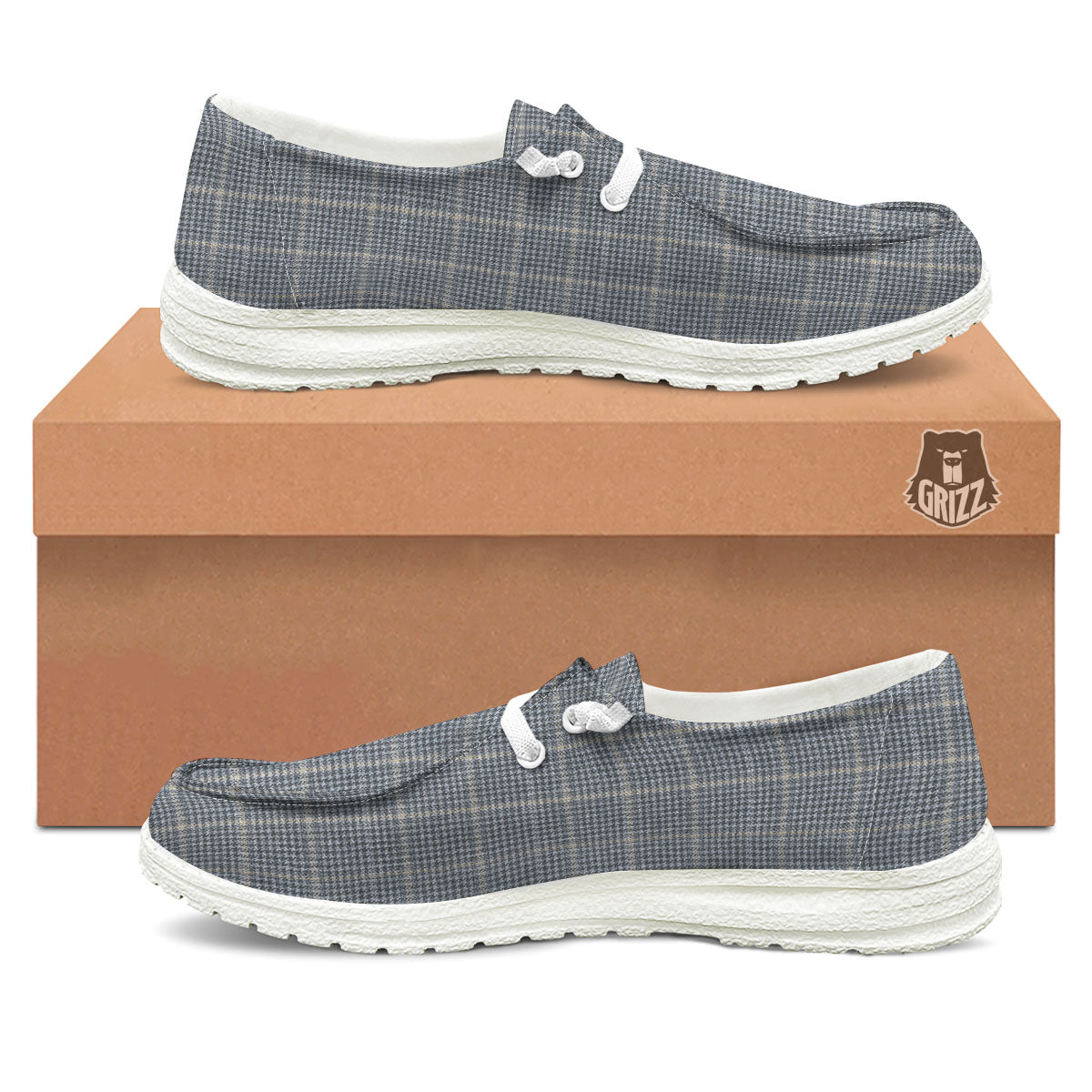 Windowpane Grey Print Pattern White Loafers-grizzshop