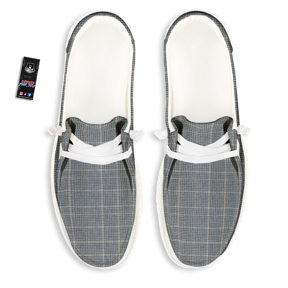 Windowpane Grey Print Pattern White Loafers-grizzshop