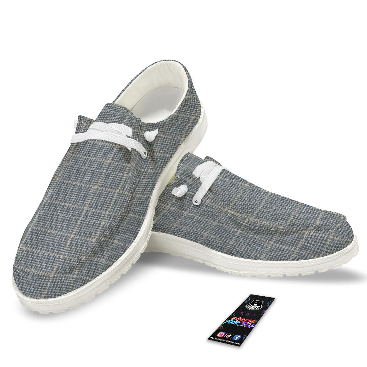 Windowpane Grey Print Pattern White Loafers-grizzshop