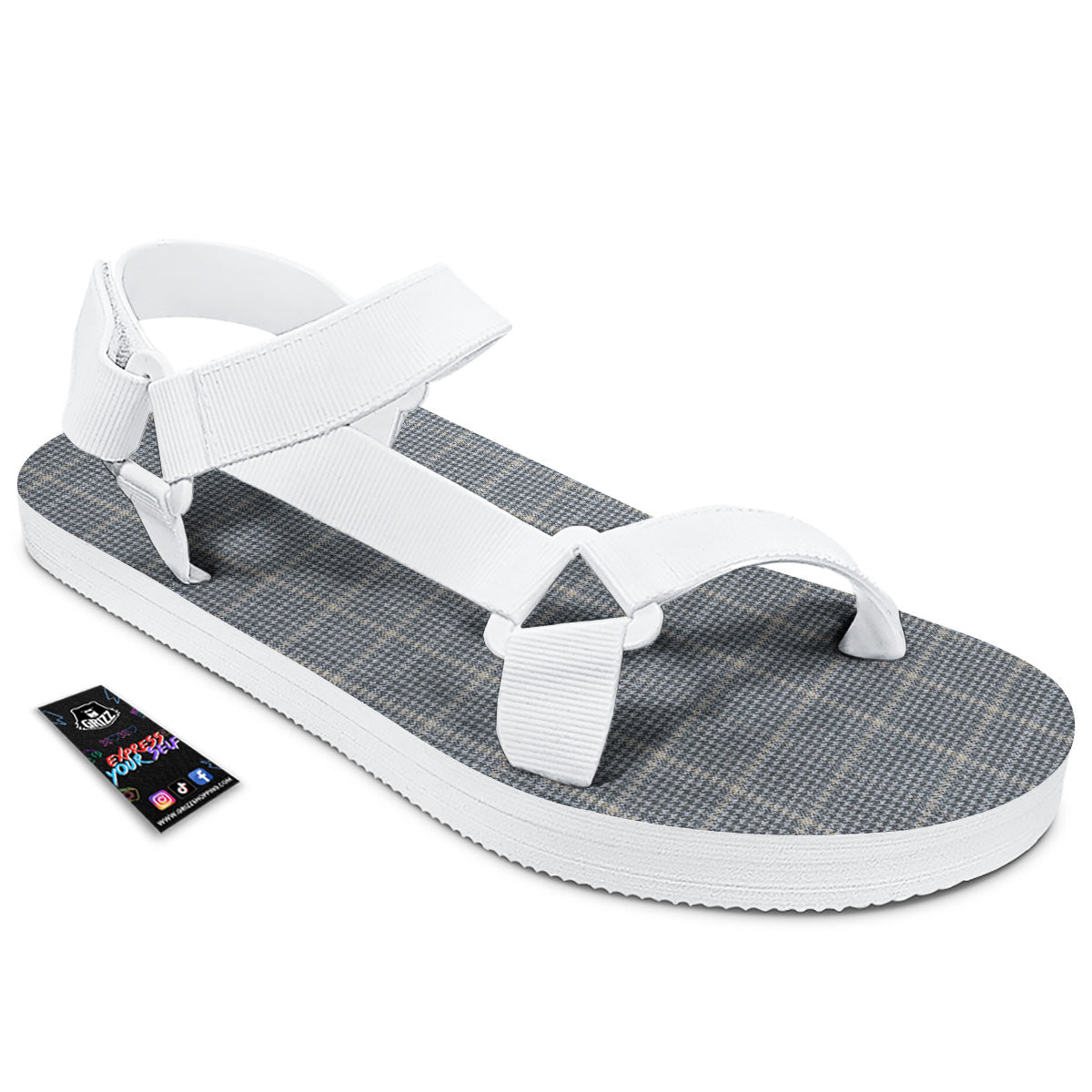 Windowpane Grey Print Pattern White Open Toe Sandals-grizzshop